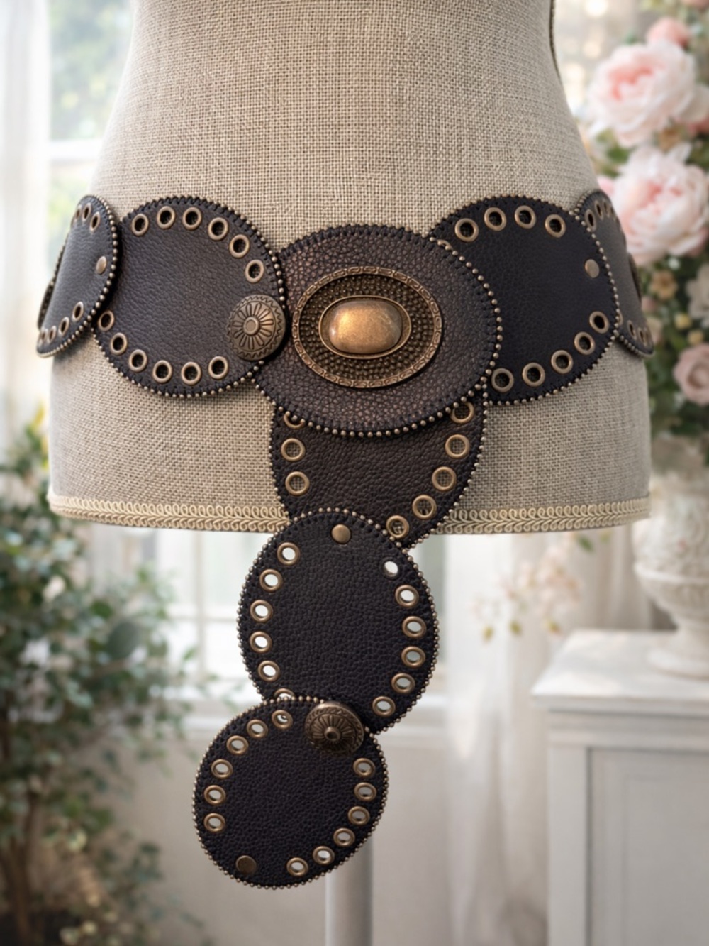 Genuine Leather Grommet Belt - Navy